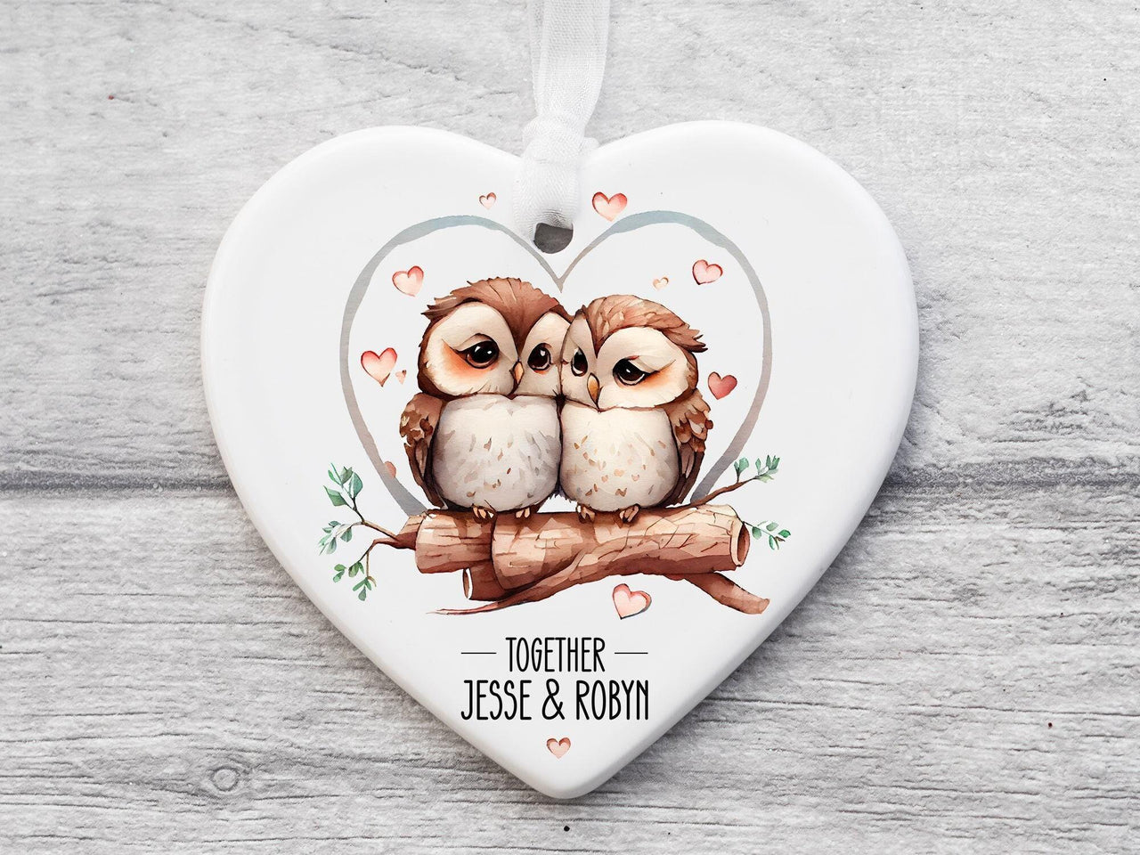 Heart Owl Ornament – Personalised Ceramic Heart Bauble | Romantic Keepsake Gift