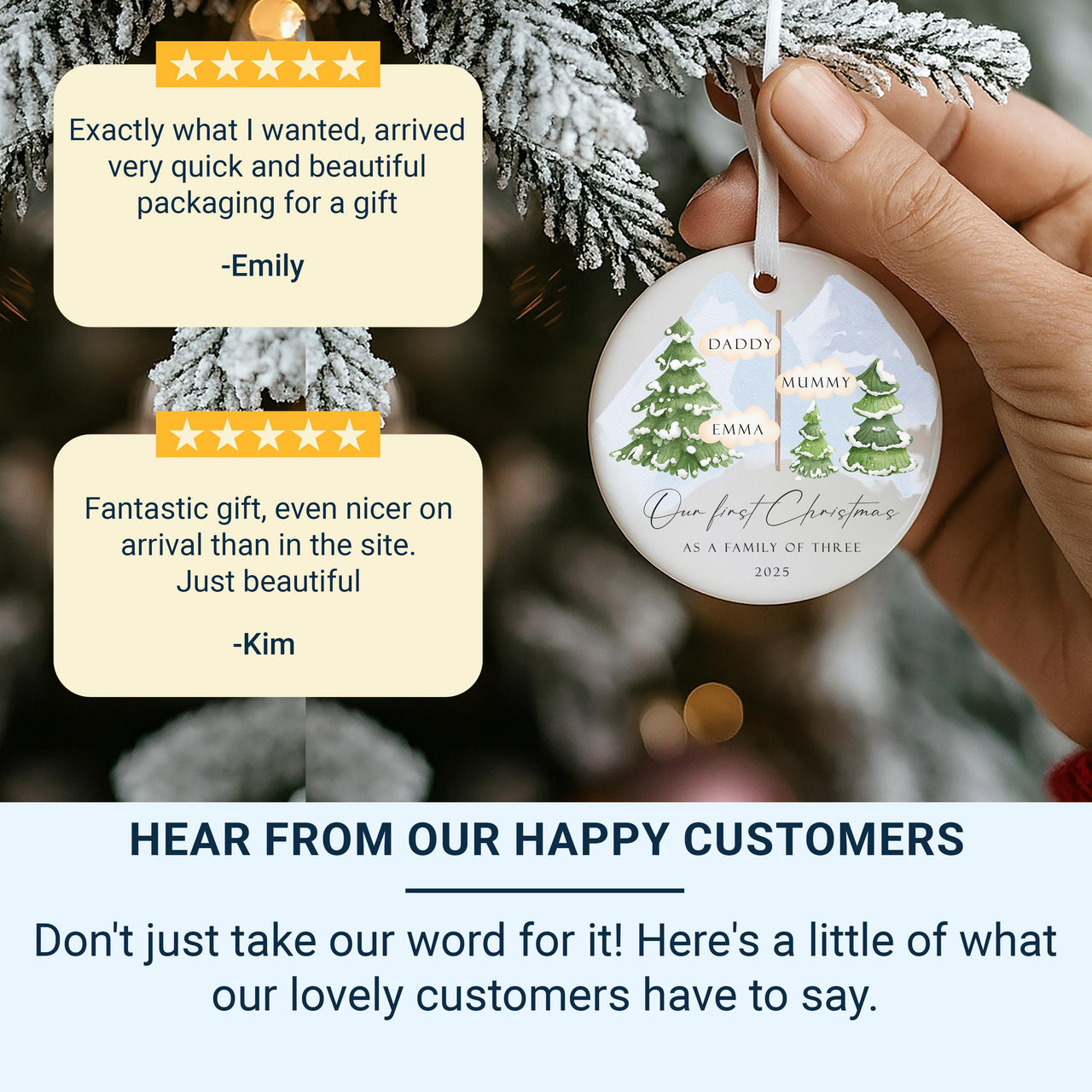 First Christmas as Family of Three Ornament, Personalised Xmas Bauble, Best Gift for Family, Present for Parents, Christmas Tree Decoration