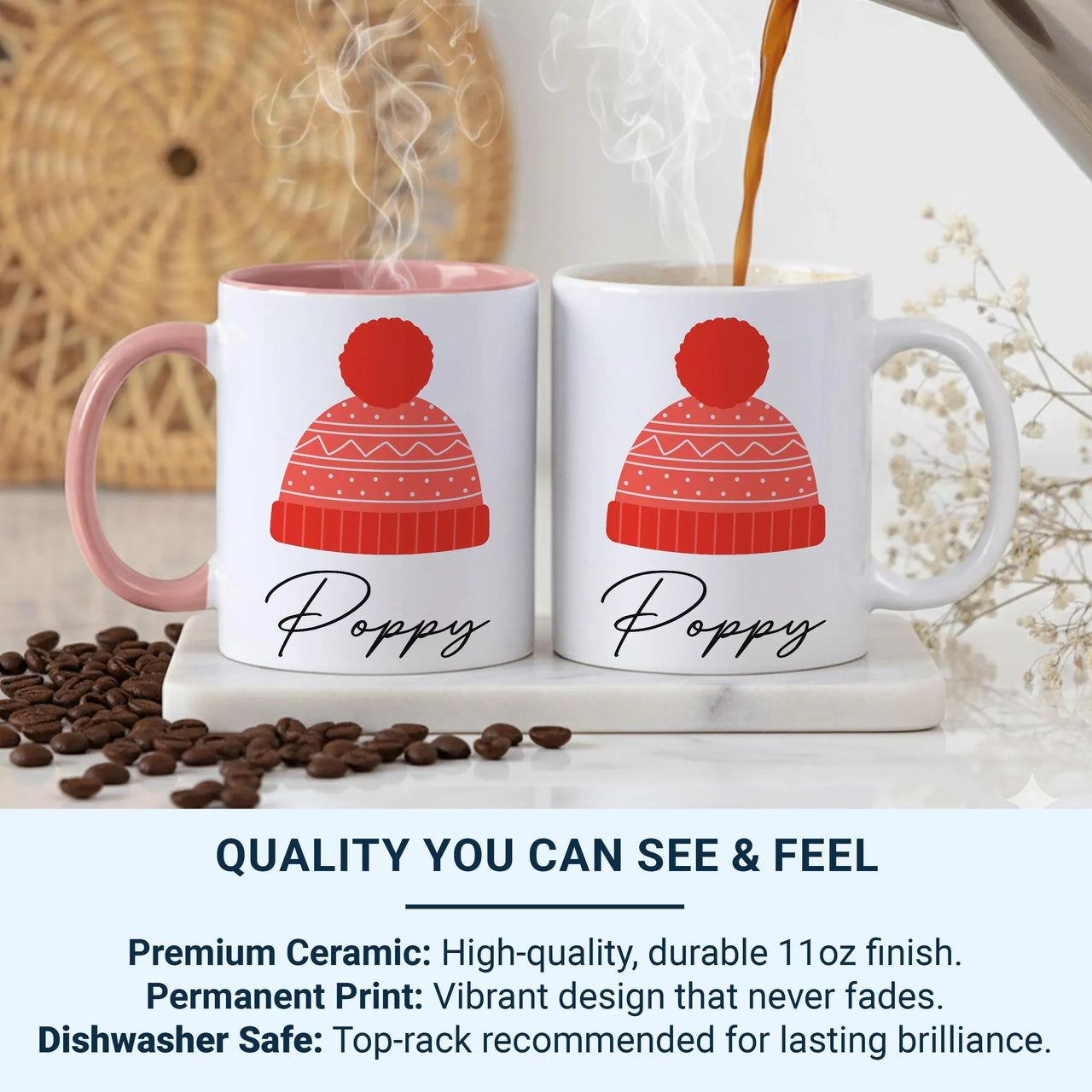 Personalised Winter Hat Mug – Custom Name Ceramic Cocoa Cup with Festive Bobble Beanie