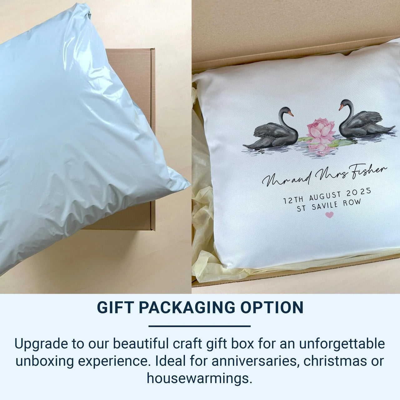 Personalised Wedding Cushion – Romantic Swan Motif Pillow | Custom Couple Gift DENMARY