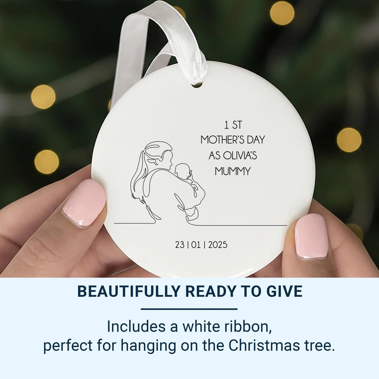 Personalised Line Drawing Mother and Baby Ceramic Ornament, Name and Date, Minimal First Mother’s Day Keepsake