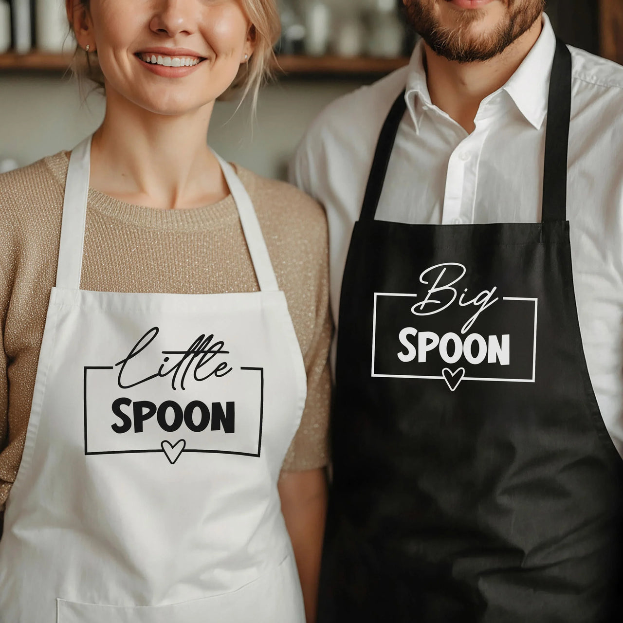 Couples Aprons Set – Matching Big Spoon Little Spoon Kitchen Aprons With Adjustable Neck Strap