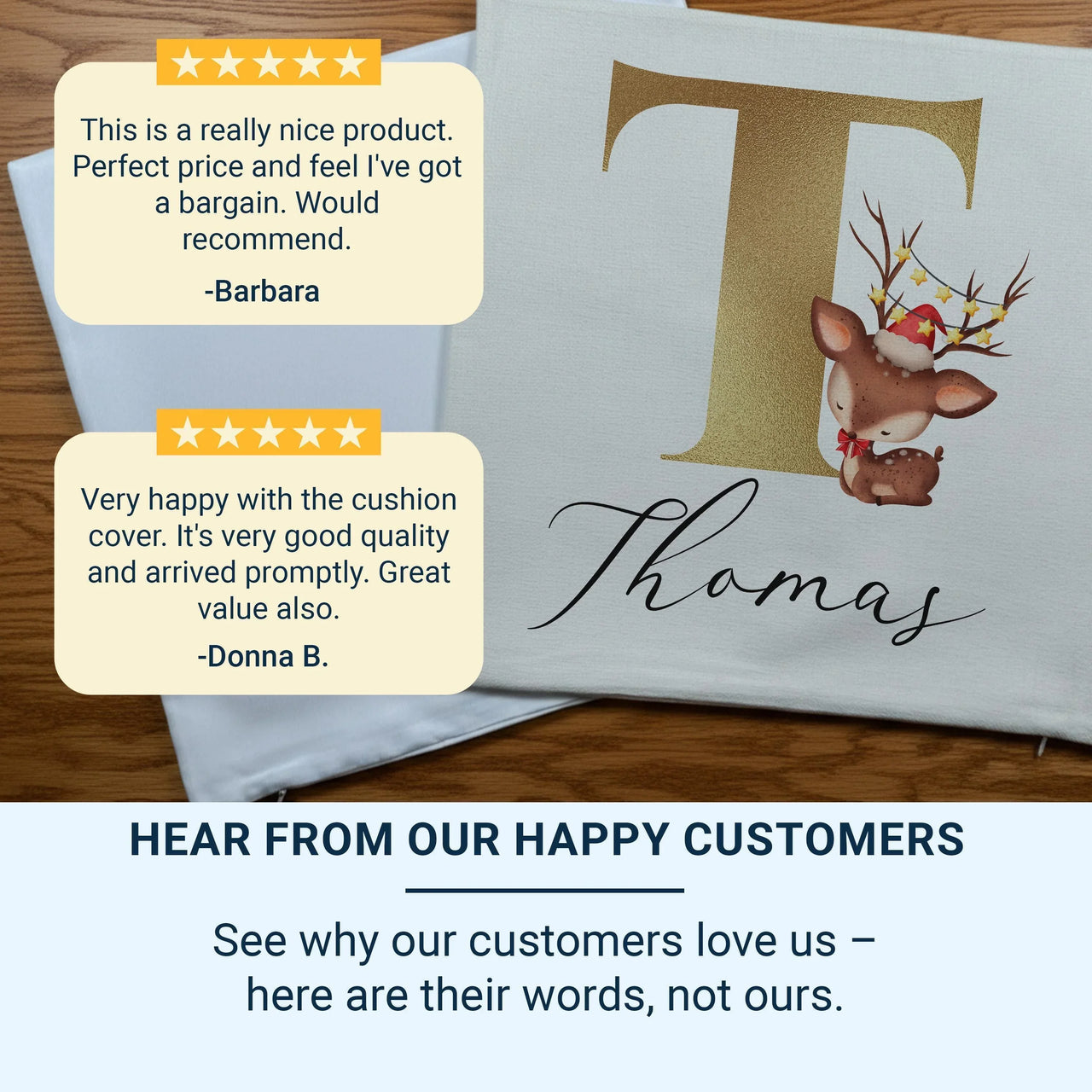 Personalised Christmas Cushion – Reindeer Design Cushion with Gold Initial Pillow