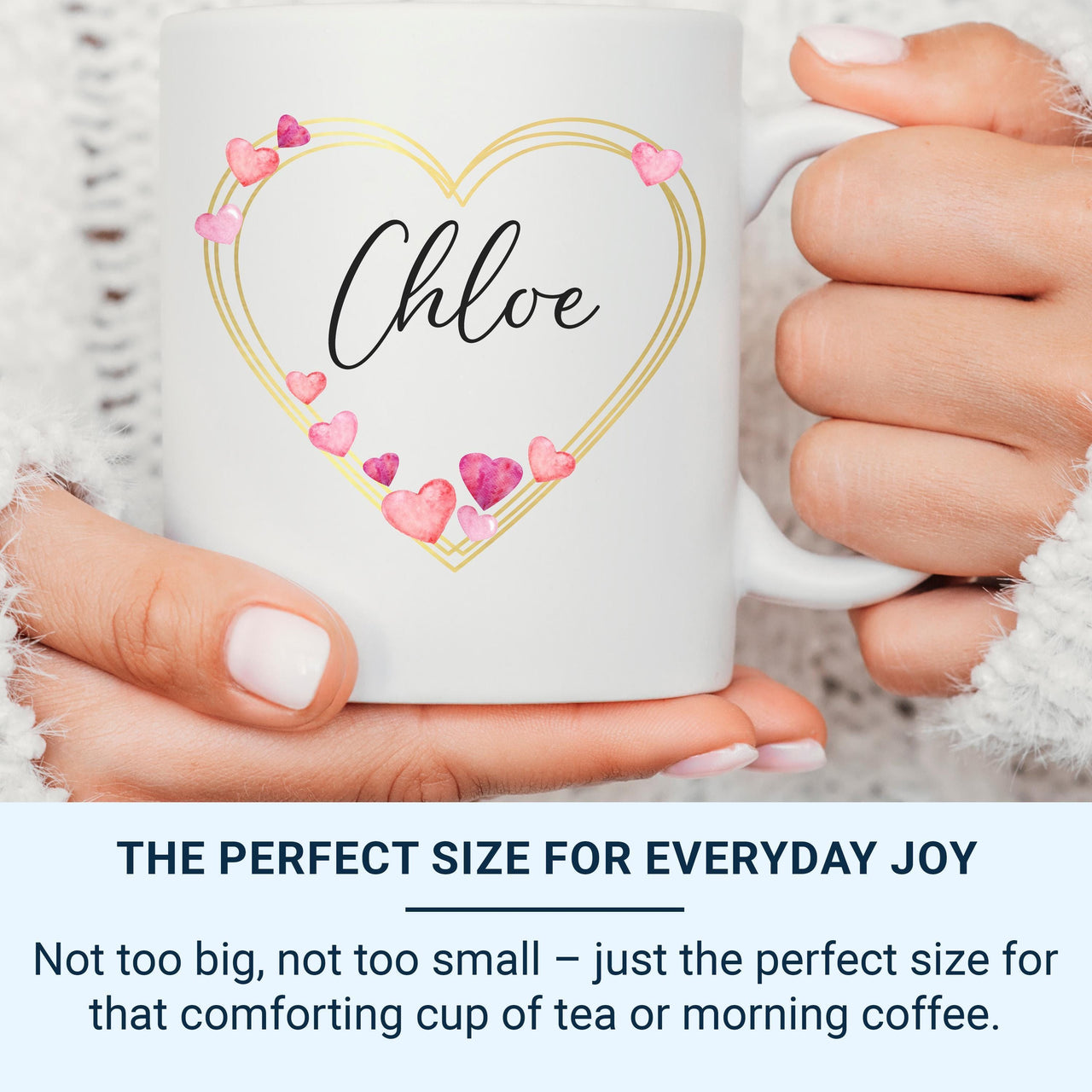 Personalised Name Heart Mug – Watercolour Hearts and Script Name – Romantic Gift for Her, Valentine’s and Birthdays