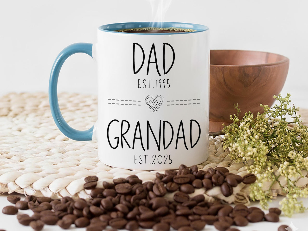 Dad to Grandad EST. Dates Mug - Personalised Year with Heart Icon - Promoted to Grandad Pregnancy Reveal and New Grandad Gift