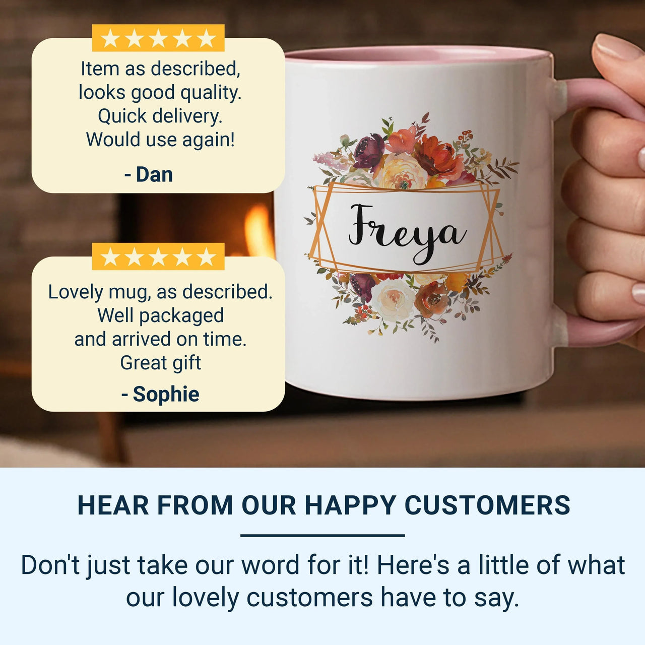 Personalised Floral Mug – Custom Name Keepsake Coffee Cup with Red Orange Flowers