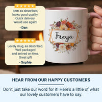 Personalised Floral Mug – Custom Name Keepsake Coffee Cup with Red Orange Flowers