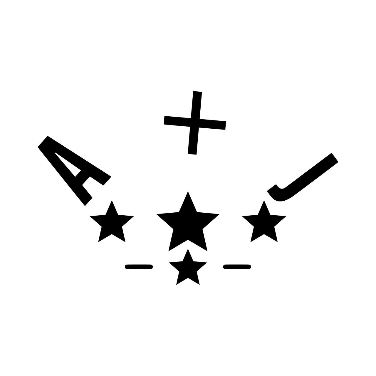 Flat black artwork on white: 'A + J' initials in an arc over stars, iron-on transfer design