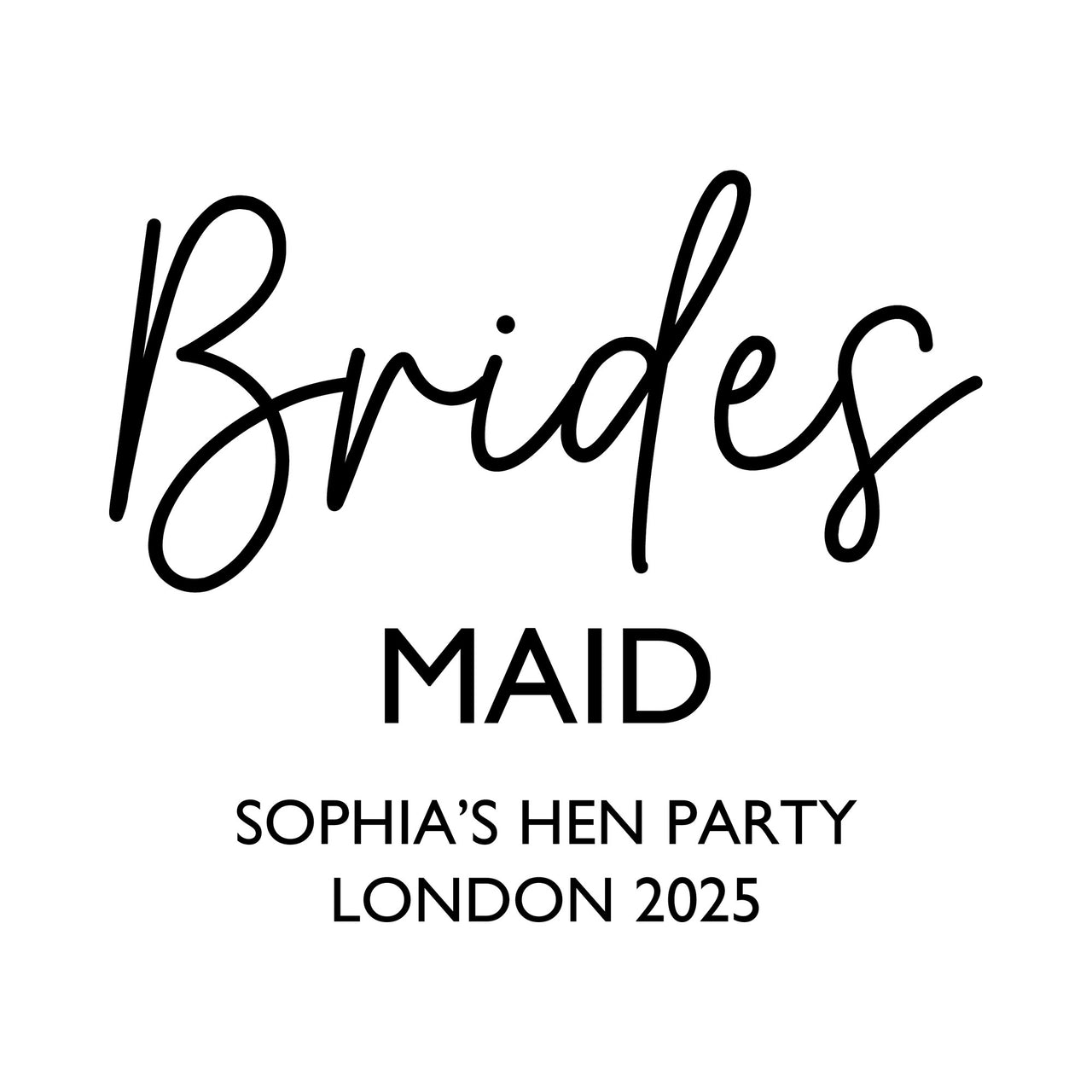 Flat black artwork on white: 'Brides MAID' with 'SOPHIA'S HEN PARTY LONDON 2025', personalised iron-on transfer