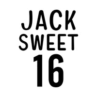 Flat black artwork on white: 'JACK' and 'SWEET' in rounded capitals above a large '16', birthday iron-on transfer design