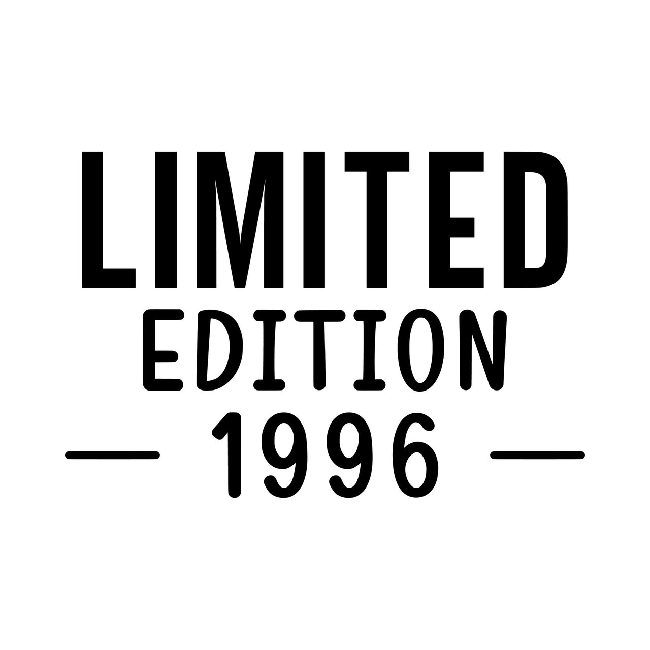 Flat black artwork on white: 'LIMITED EDITION 1996' with dash lines either side of the year, iron-on transfer design