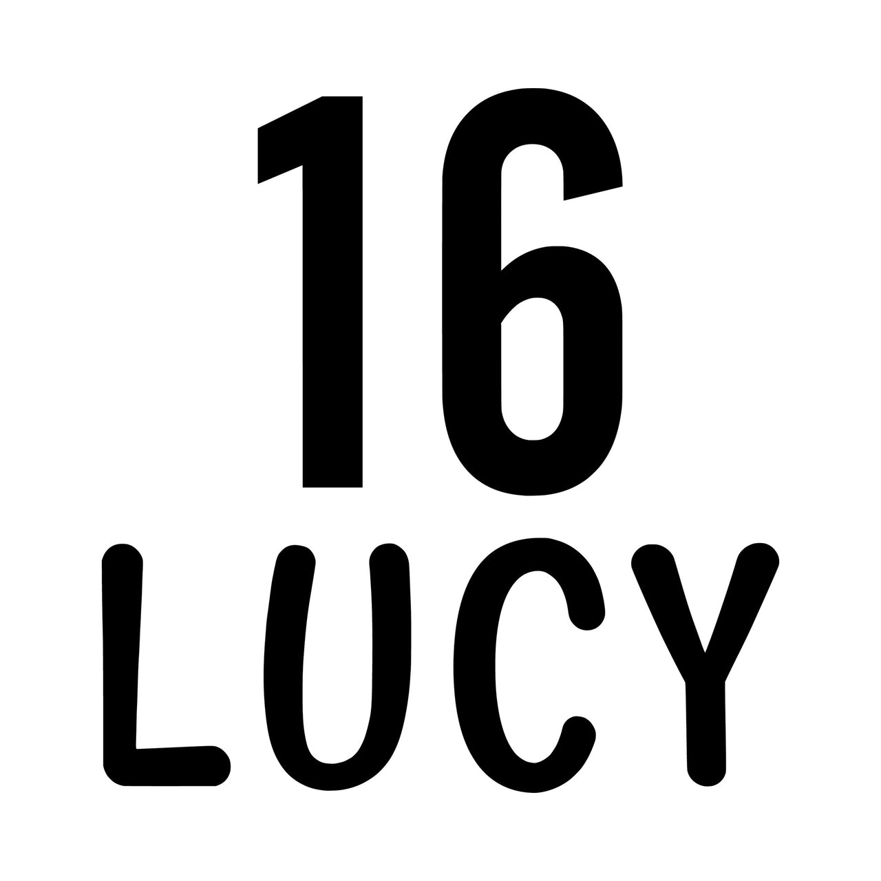 Flat black design on white: large '16' above 'LUCY' in rounded capitals, personalised name and age iron-on transfer