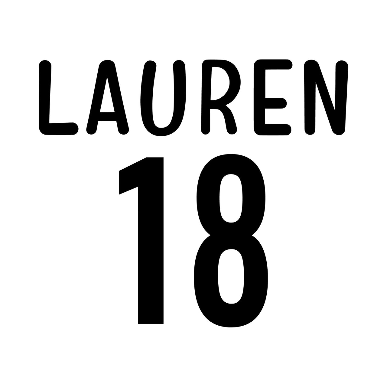 Flat black design on white: 'LAUREN' in rounded capitals over a large '18', 18th birthday iron-on transfer
