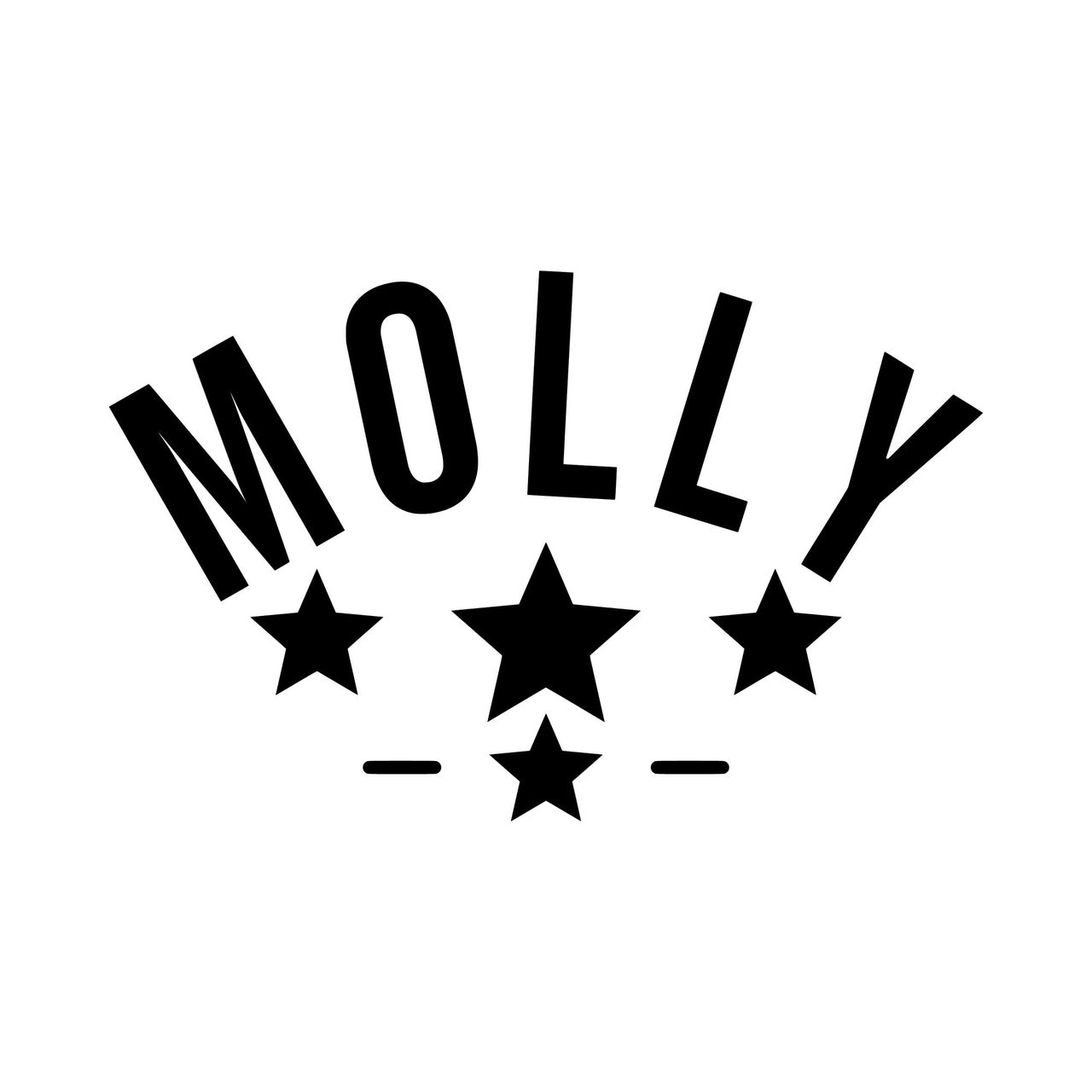 Flat black artwork on white: 'MOLLY' arched in capitals above four stars, kids name iron-on transfer design