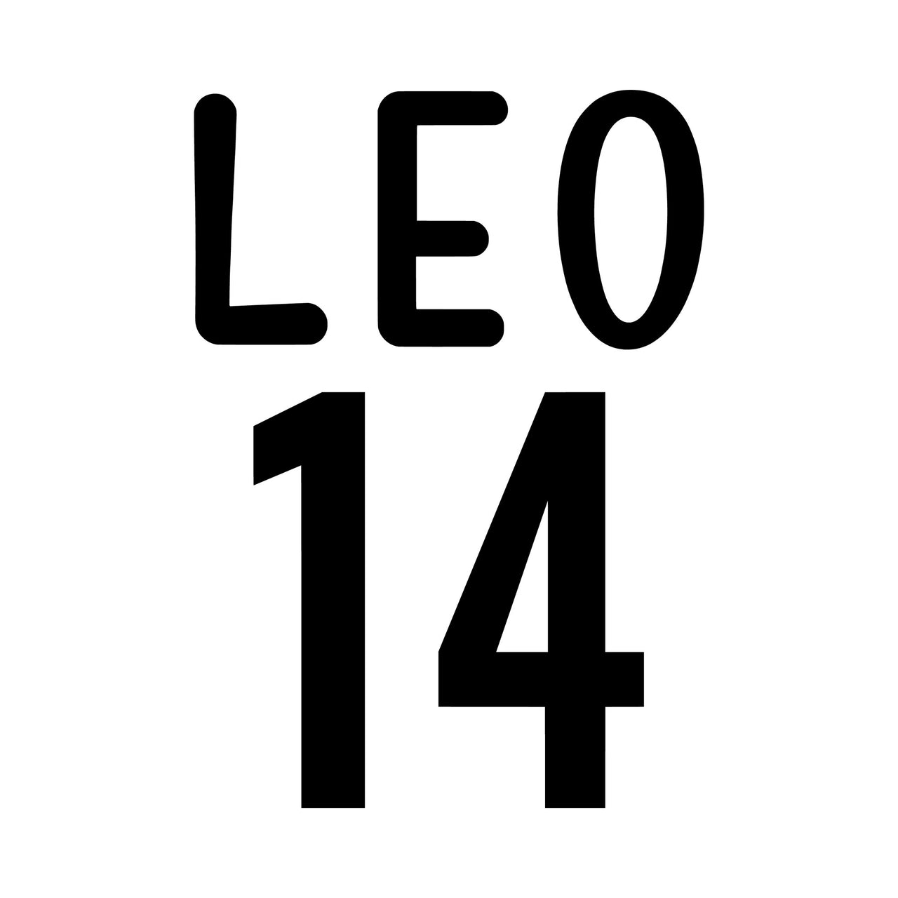 Flat black artwork on white: 'LEO' in rounded capitals above a large '14', name and number iron-on transfer design