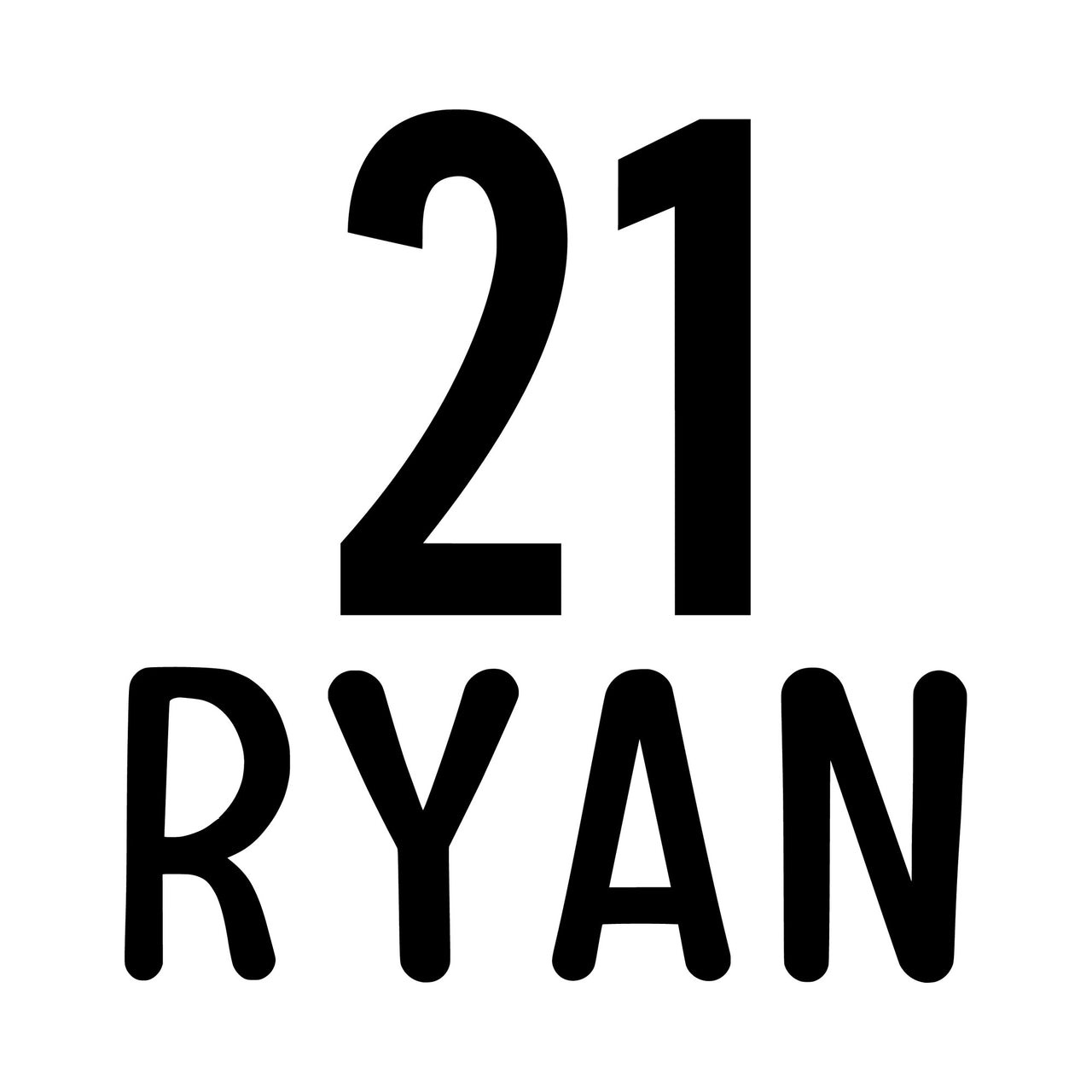 Flat black artwork: '21' above 'RYAN' in bold capitals, personalised name and age iron-on transfer design