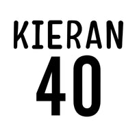 Flat black artwork on white: 'KIERAN' in rounded capitals over a large '40', personalised name and age iron-on transfer