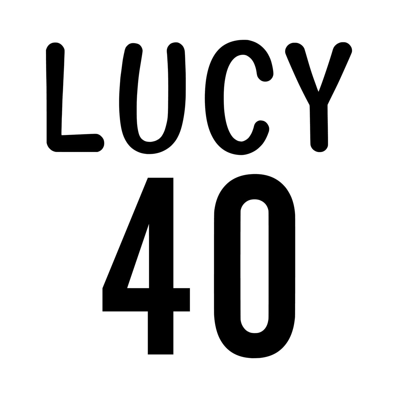 Flat black lettering on white: 'LUCY' in rounded capitals with a big '40' below, birthday name iron-on transfer