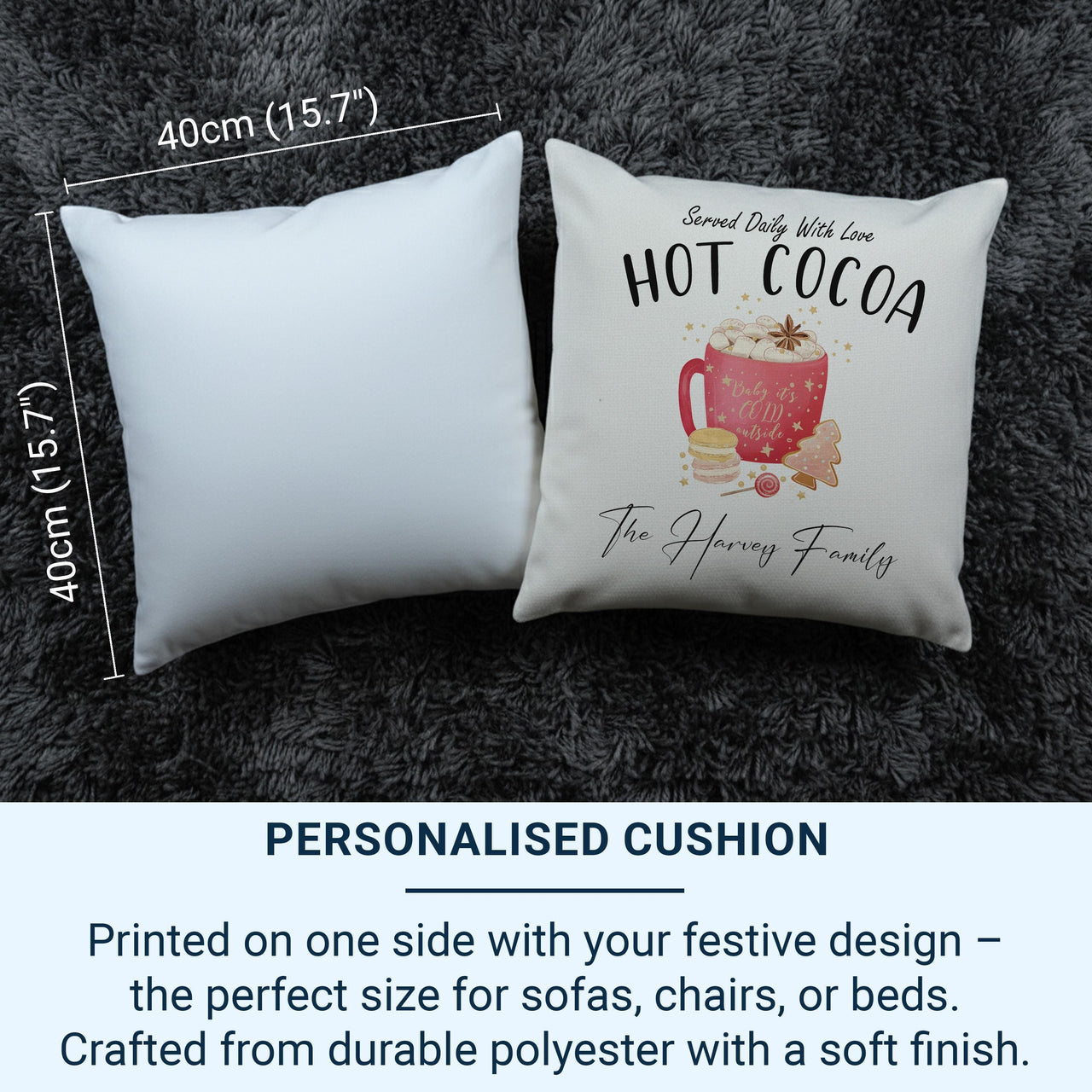 Personalised Hot Cocoa Cushion - Whimsical Christmas Keepsake with Family Name & Sweet Treats