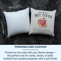 Personalised Hot Cocoa Cushion - Whimsical Christmas Keepsake with Family Name & Sweet Treats