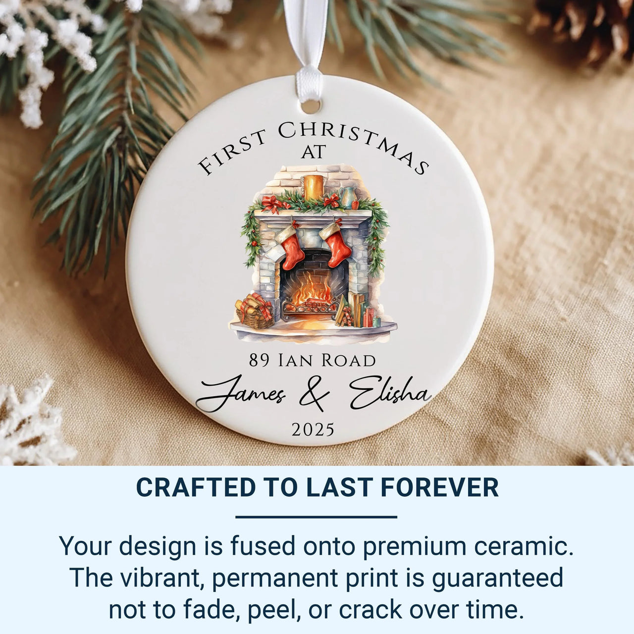 Personalised 2025 New Home Ceramic Ornament with Road Name - First Christmas Decoration, Home Owner Gift, Festive Fireplace Stocking Design
