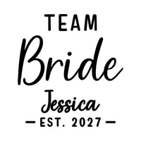 Flat artwork: 'TEAM' with script 'Bride', 'Jessica' and 'EST. 2027', personalised hen do iron-on transfer design