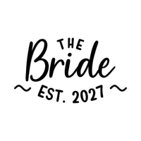 Flat artwork: 'THE Bride' in script with 'EST. 2027' and wavy flourishes, iron-on transfer design