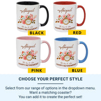 Happy Retirement Personalised Mug – “Time to Relax” Clock and Florals with Name – Office Leaving, Farewell Party and New_Chapter Gift