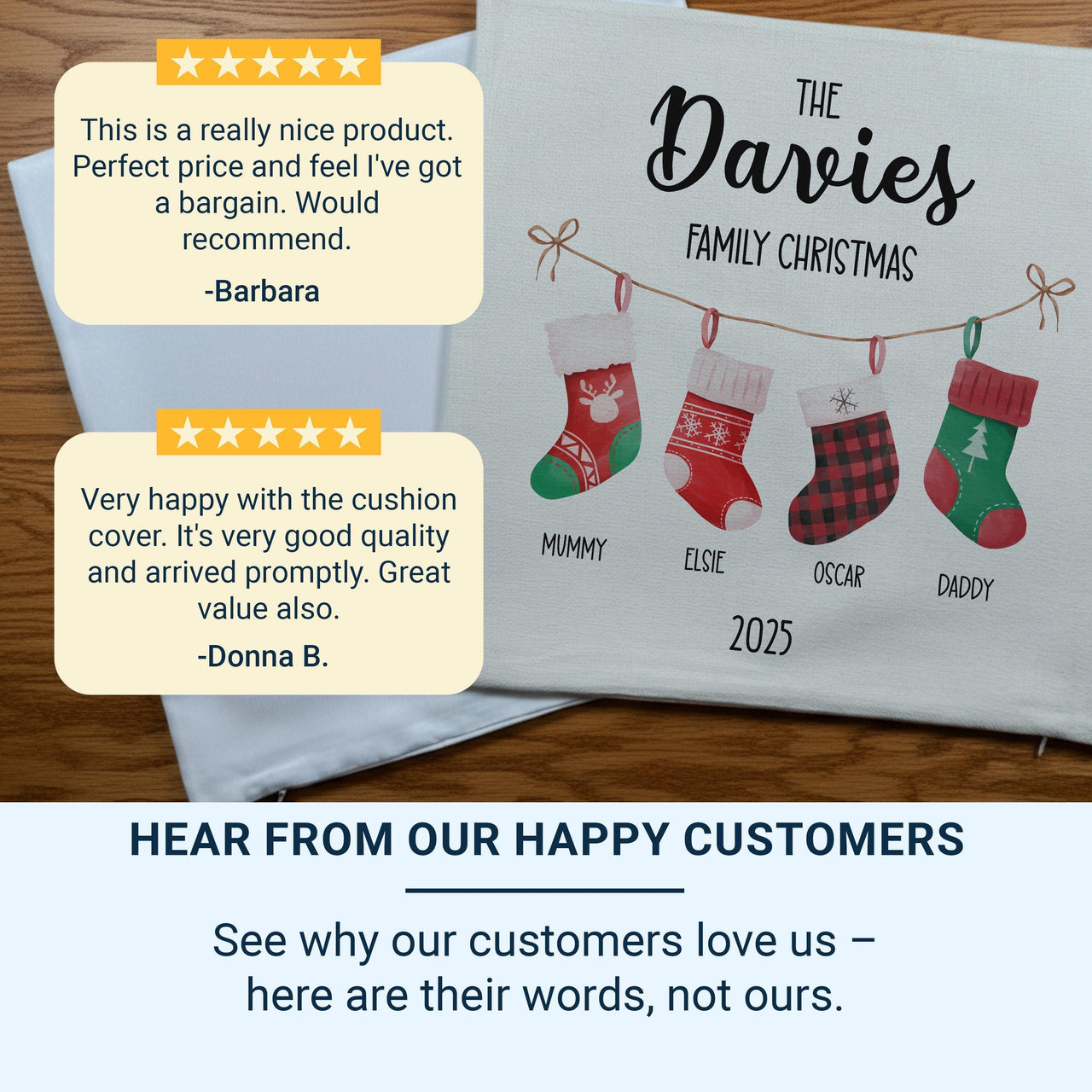 Personalised Family Christmas Stockings Cushion - Festive Keepsake with Names & Year