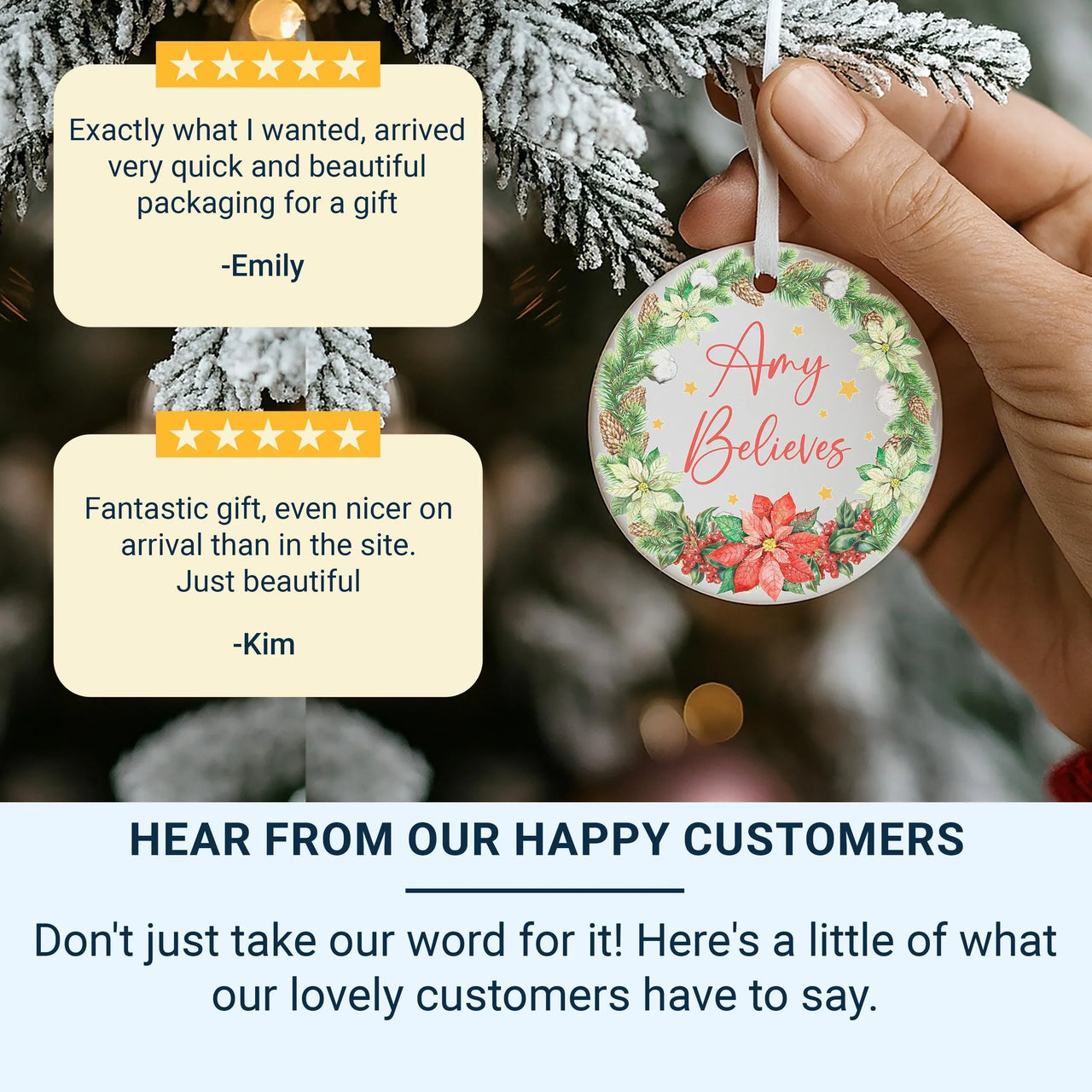 Christmas Believes Ornament - Poinsettia Wreath Keepsake with Name