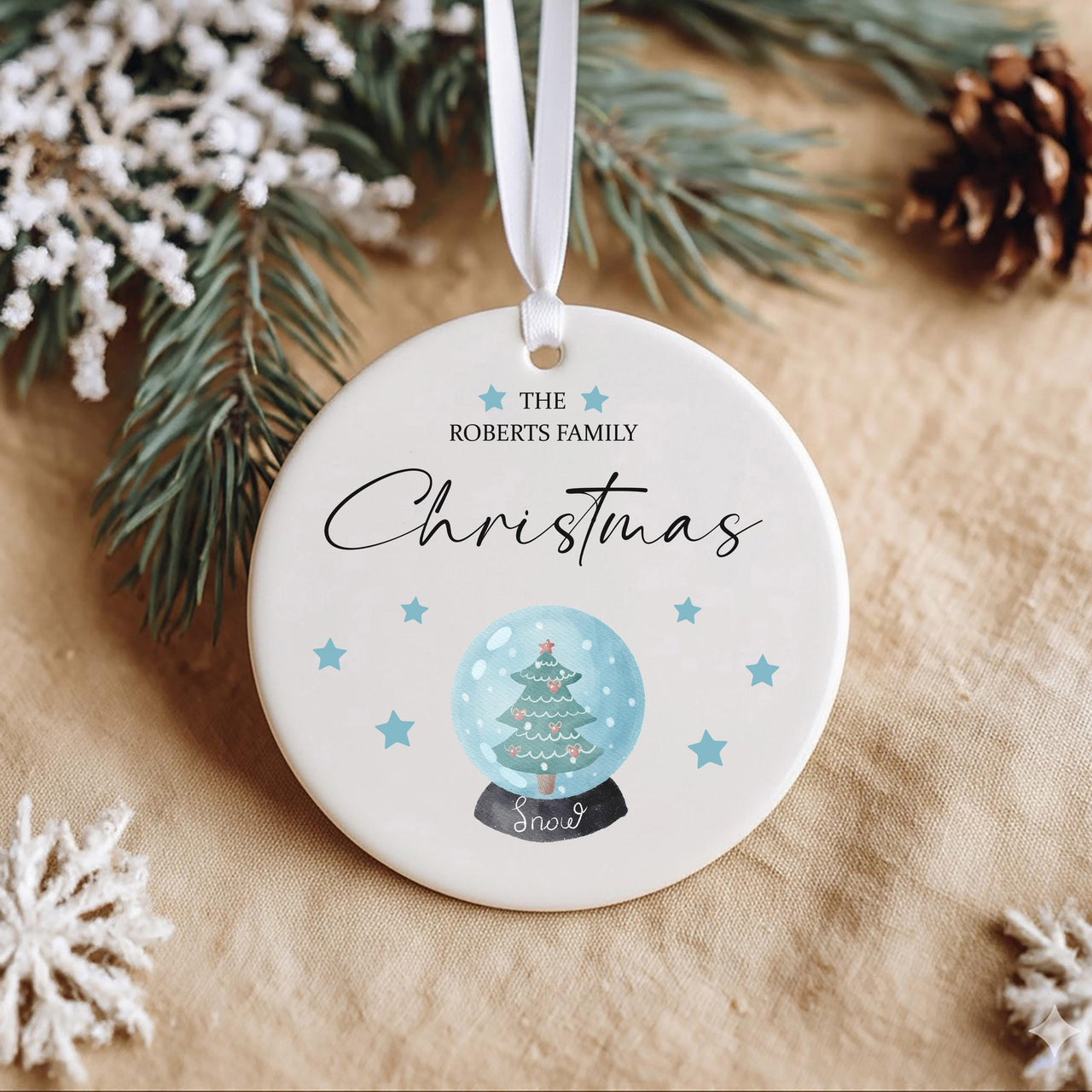 Family Tree Ornament - Blue Watercolour Keepsake with Surname & Year for Christmas