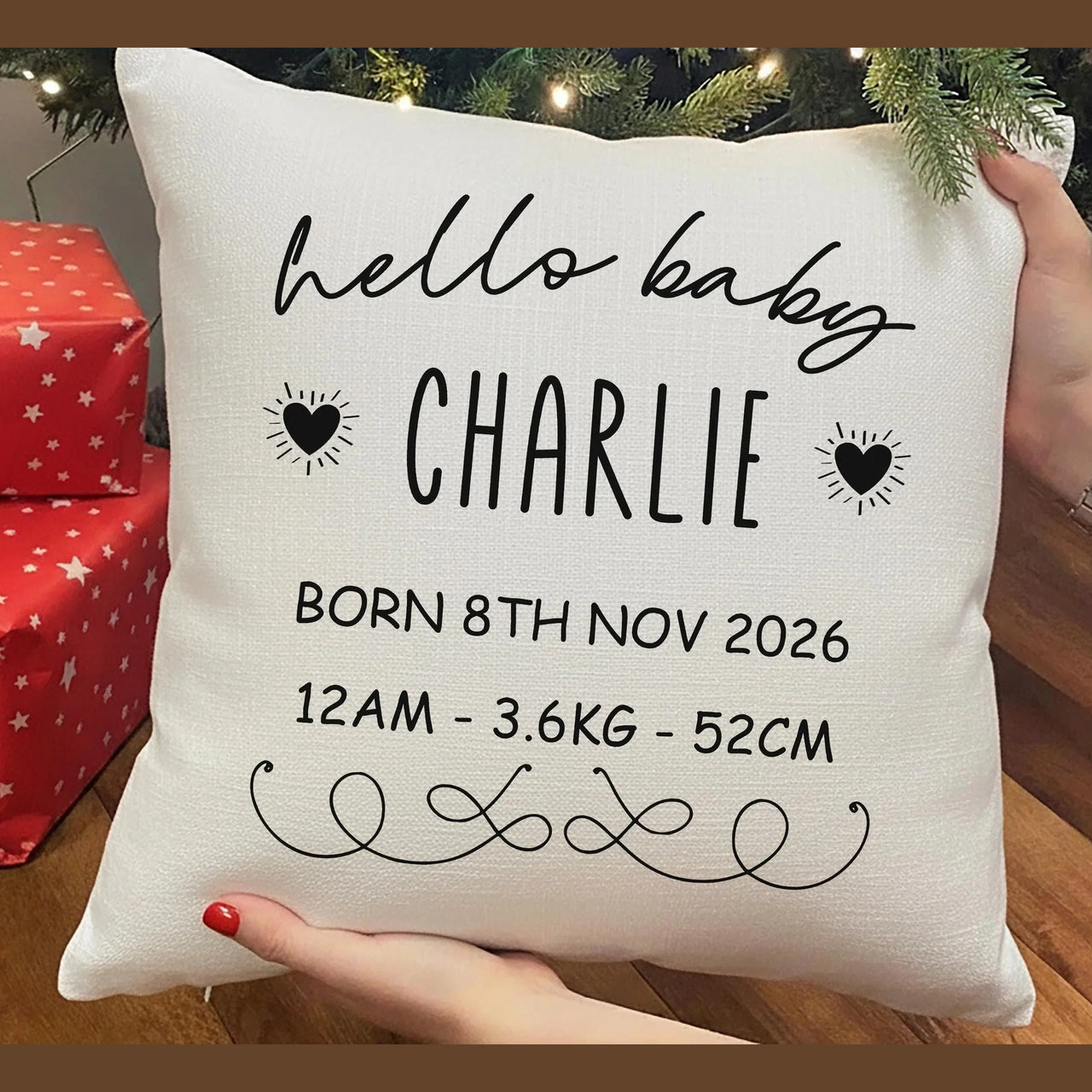 Personalised Baby Birth Cushion – Custom Name Pillow | Newborn Keepsake Gift