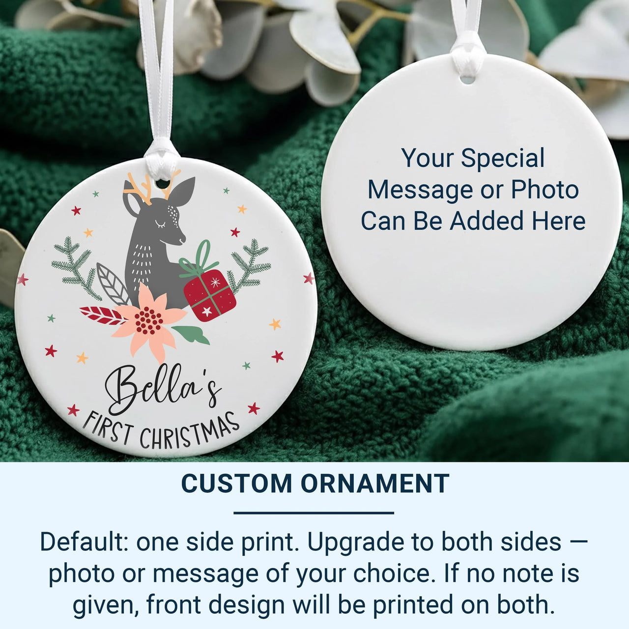 Baby First Christmas Ornament - Deer & Poinsettia Keepsake with Name