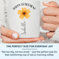 Happy Retirement Personalised Mug – Floral Name Design – Leaving Gift and New_Chapter Keepsake for Colleagues and Friends
