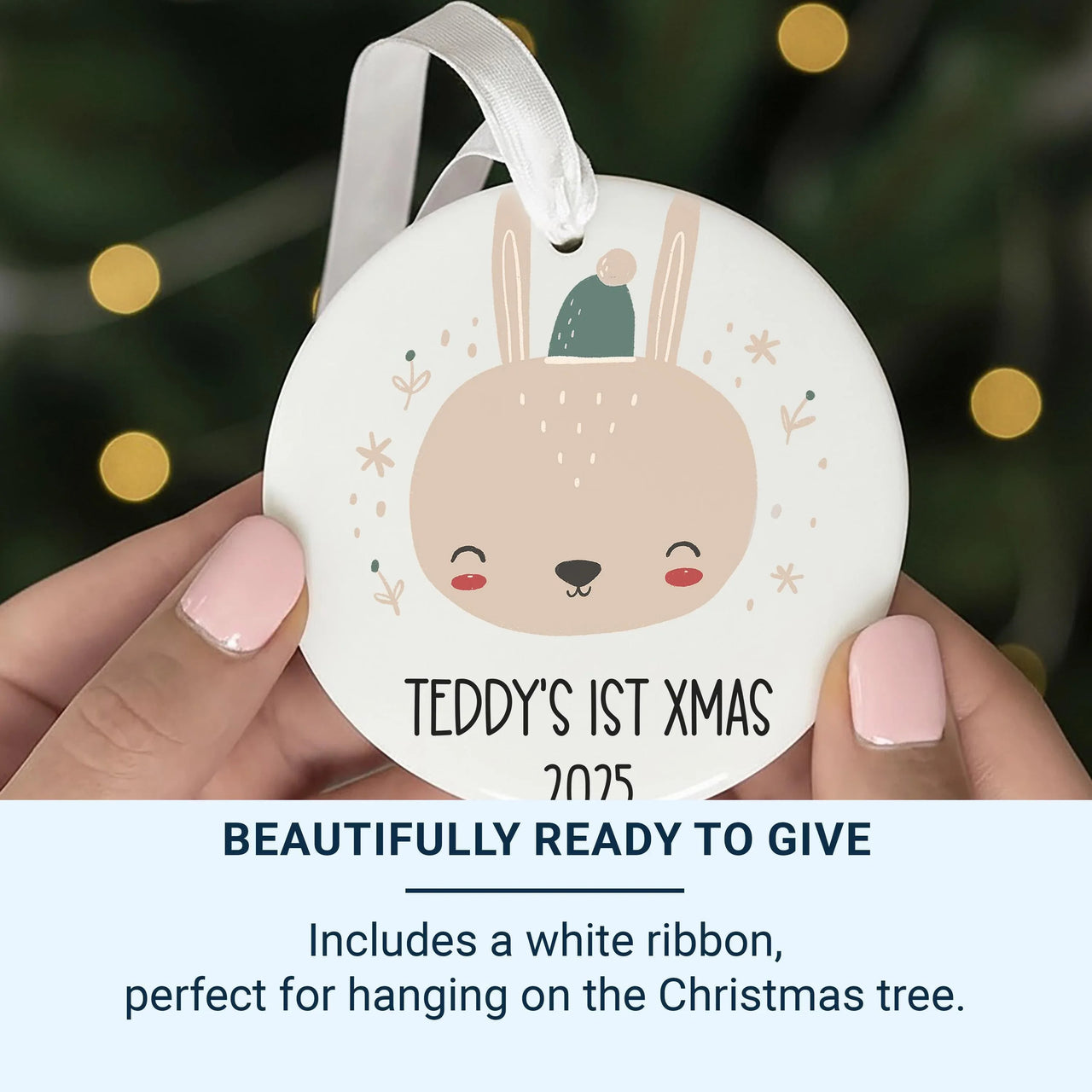 Baby First Christmas Ornament 2025 - Winter Bunny Keepsake with Name