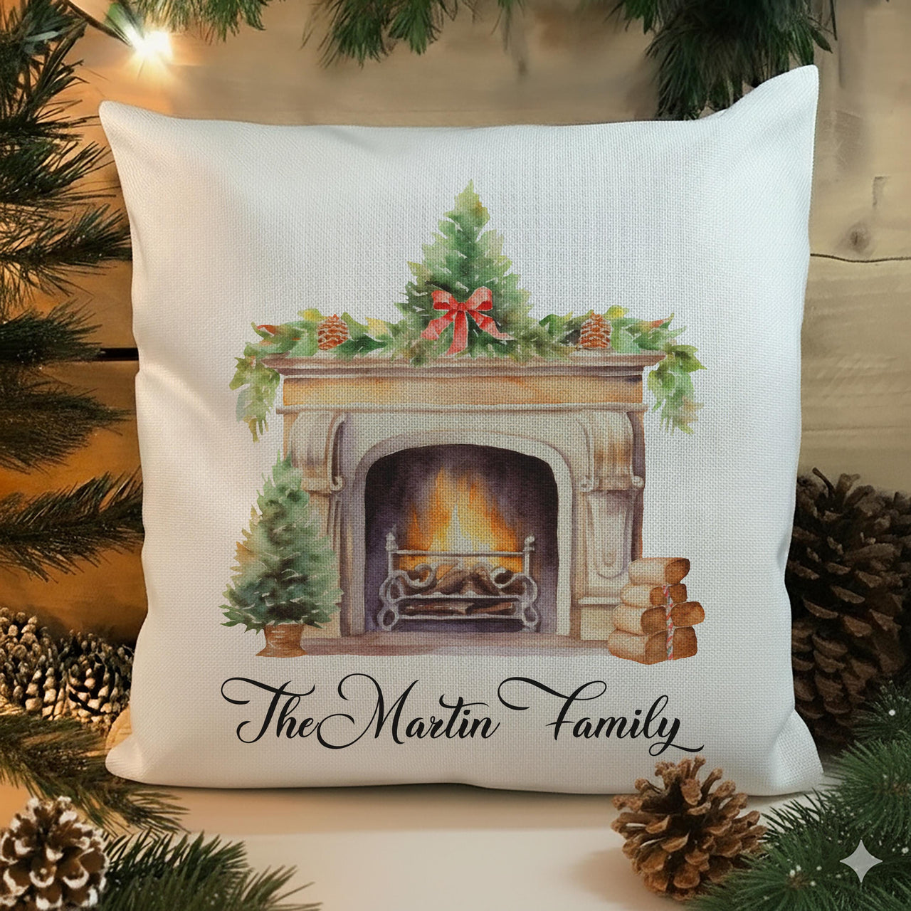 Personalised Family Christmas Cushion - Cosy Fireplace Design with Family Name