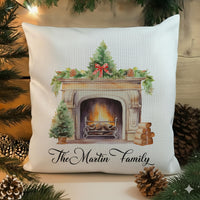 Personalised Family Christmas Cushion - Cosy Fireplace Design with Family Name
