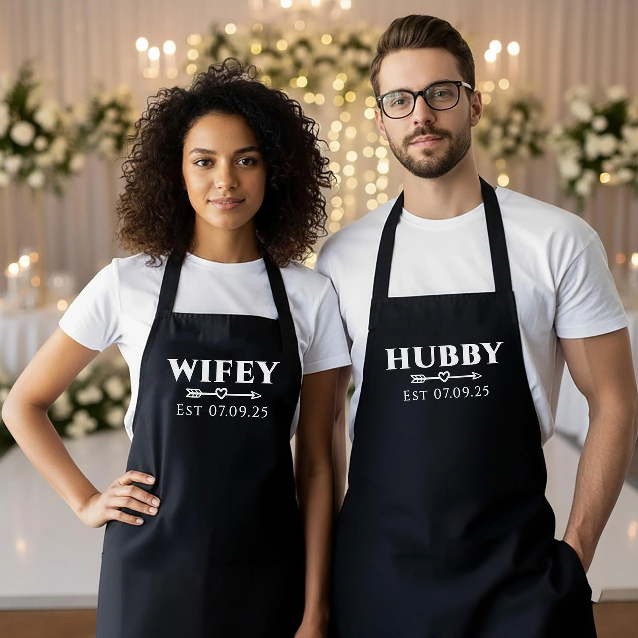 Personalised Couple Aprons – Matching Custom Name Aprons with Adjustable Fit
