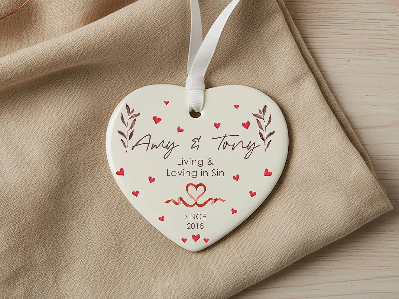 Funny Valentine Heart Ornament - Living Loving in Sin Keepsake with Names