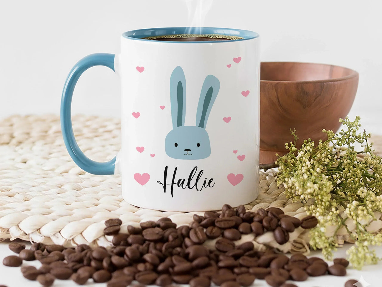 Personalised Baby Mug – Cute Bunny Face with Hearts | Baby Name Mug Gift