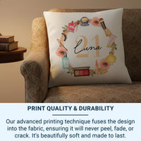 Personalised 21st Birthday Cushion - Stylish Floral Milestone Gift with Makeup Design