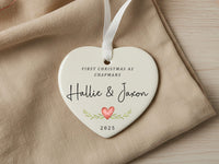 First Christmas Family Heart Ornament - Leafy Keepsake with Names & Year for Newlyweds