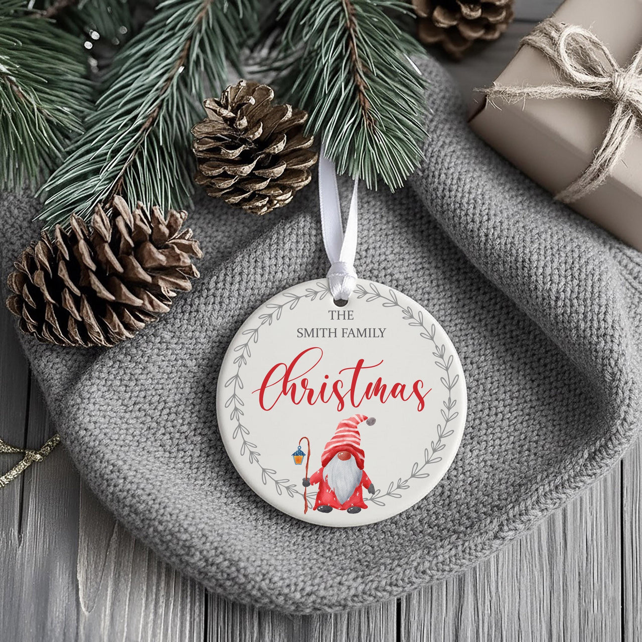 Gnome Family Ornament - Festive Keepsake with Surname for Cosy Christmas Tree