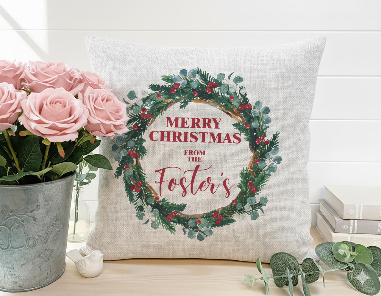 Personalised Family Christmas Cushion - Festive Wreath Keepsake with Your Family Name