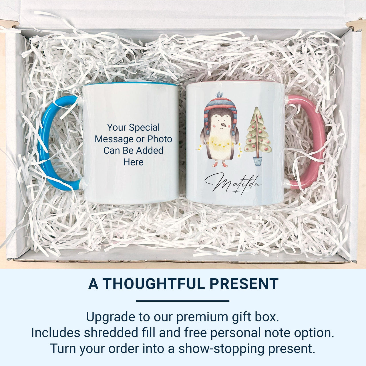 Personalised Christmas Penguin Mug – Name with Fairy Lights and Tree – Kids’ Festive Cocoa Cup and Stocking Filler