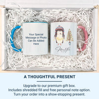 Personalised Christmas Penguin Mug – Name with Fairy Lights and Tree – Kids’ Festive Cocoa Cup and Stocking Filler
