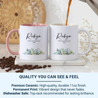 Happy Valentine’s Day 2026 Mug – Personalised Name and Watercolour Leaves – Romantic Couples Gift for Morning Coffee Rituals
