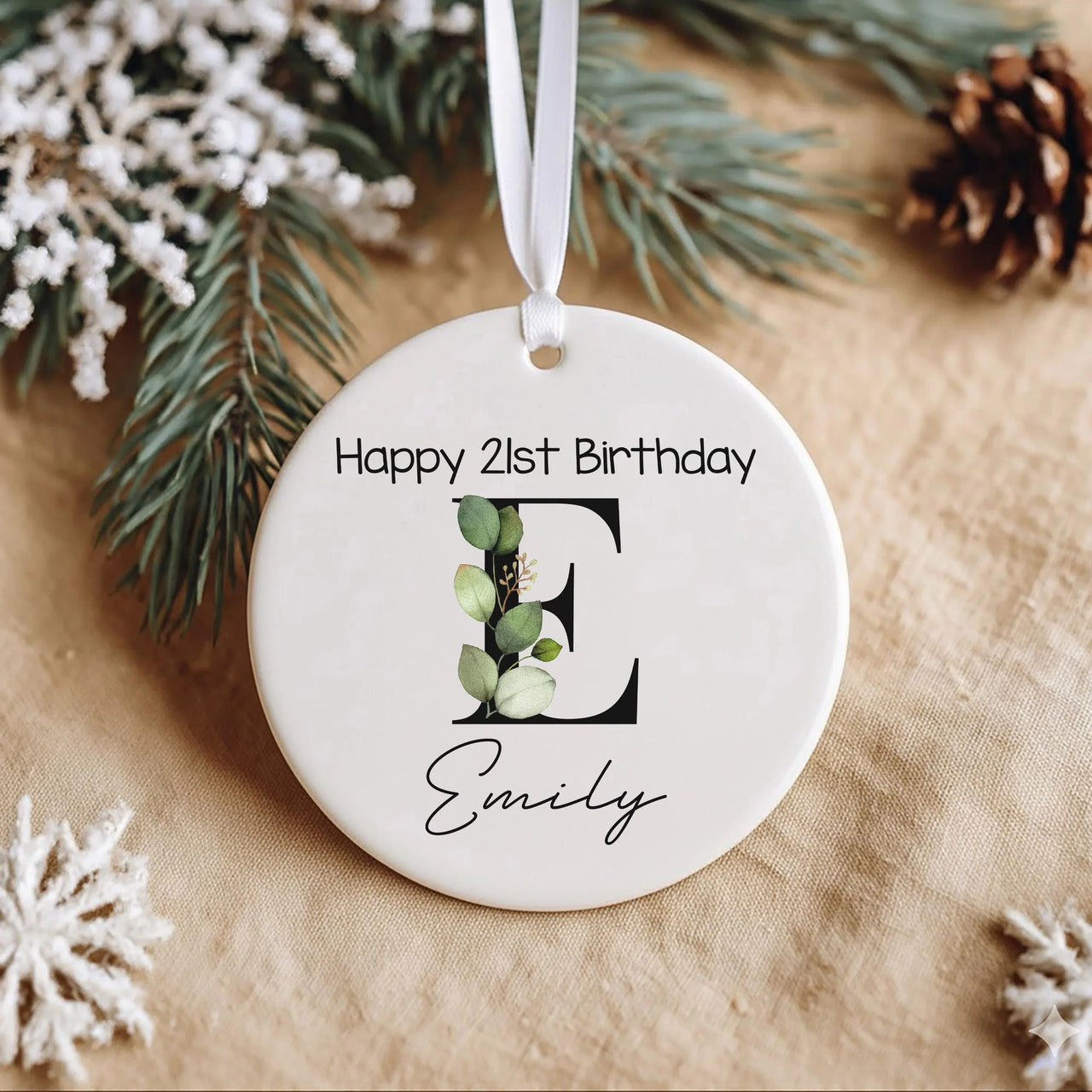 21st Birthday Ornament - Leafy Monogram Keepsake with Name for Milestone