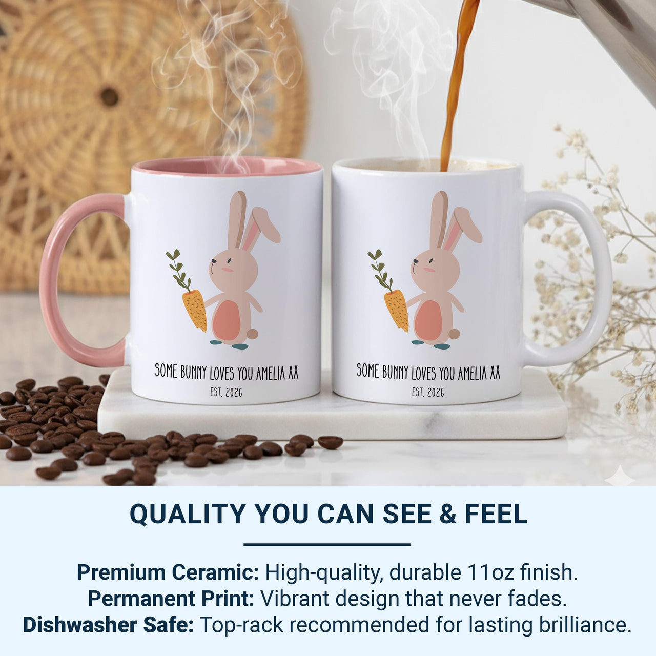 Some Bunny Loves You Personalised Mug – Name and EST. Year with Cute Bunny – New Baby, First Easter and Nursery Keepsake