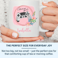 Gamer Girl Personalised Name Mug – Pink Controller with Florals – Gaming Desk, Streaming Setup and Birthday Gift